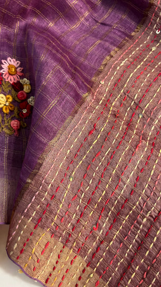 Violet Linen saree Handloom Linen with embroidery silk blouses zari borders and fine checks Partywear bridesmaids