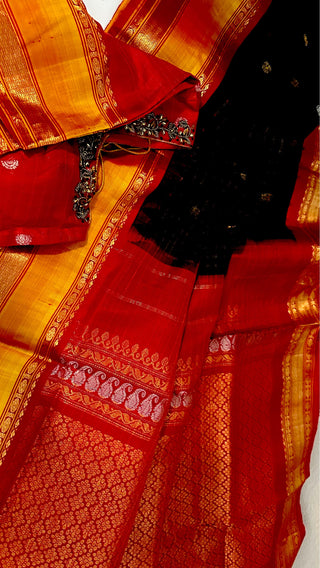 Pure Gadwal black checks handwoven silk saree with stitched blouse black silk saree online usa