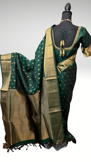 Bottle Green Handloom Kanjivaram Silk Saree with Embroidered Blouse – Wedding & Party Wear Saree Online USA