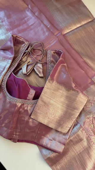 Pure Silver zari Tissue Kanchi Pattu saree with stitched blouse online shopping usa pastel silver zari kanjivaram