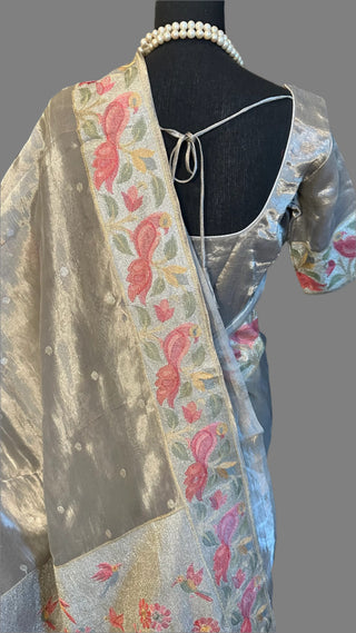 Grey silver tissue Organza soft weave paithani silver borders with stitched blouse