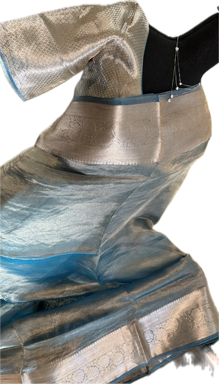 Pastel blue Pure Double Tissue katan silver Organza  silk saree with blouse online shopping usa