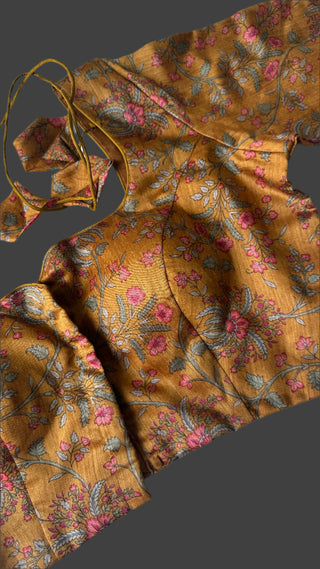 Mustard brown silk printed blouse online usa stitched blouse readymade ready to wear sale on blouse online latest floral flower blouse online usa 