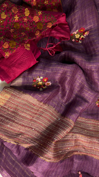 Violet Linen saree Handloom Linen with embroidery silk blouses zari borders and fine checks Partywear bridesmaids