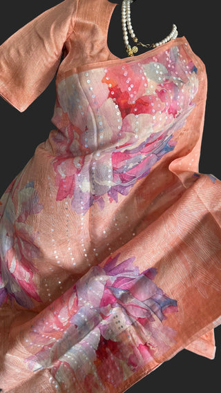 Pastel floral organza saree online usa stitched blouse party wear saree light weight saree online usa 