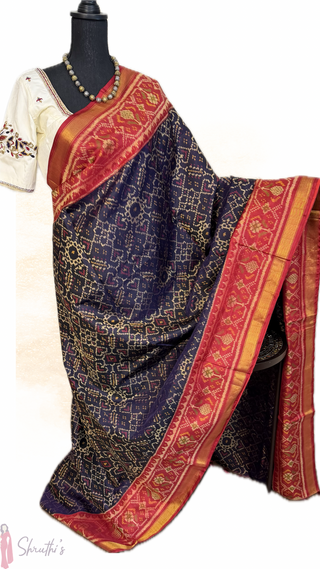 pure patola silk saree with  silk finish pallu with Embriodered prestitched blouse