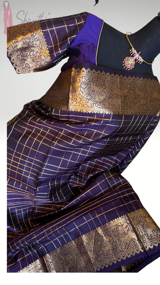Pure Handloom Soft Silk Saree double ply Dark Purple checks gold zari silk saree with  Stitched Blouse Indian handloom wedding pattu Saree Online USA Ready to Ship Saree Online USA Easy Drape