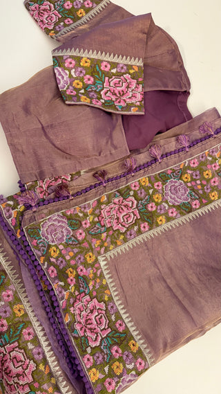 Pure Tissue Beneras pastel violet Party wear handloom handwoven pure silk saree stitched blouse saree readymade online USA