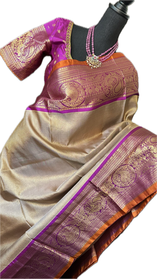 Gold Lavender Gadwal handwoven silk saree with embroidered stitched blouse