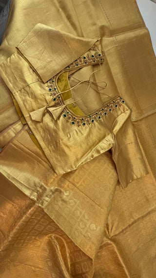 Gold Tissue Brocade Pure silk pattumuhurtam saree pure zari Kanjivaram silk saree with prestitched blouse embroidered blouse