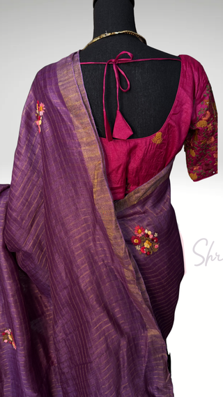 Violet Linen saree Handloom Linen with embroidery silk blouses zari borders and fine checks Partywear bridesmaids