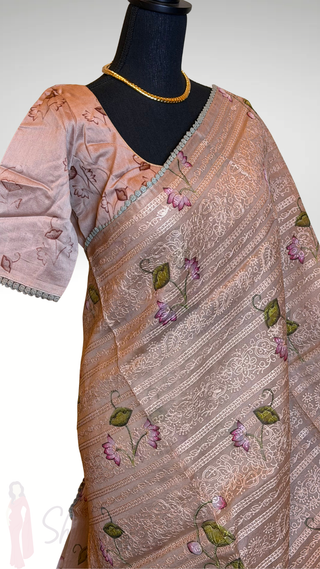 Mauve pichwai embroidered borders organza pure silk printed blouse easy drape online shopping usa