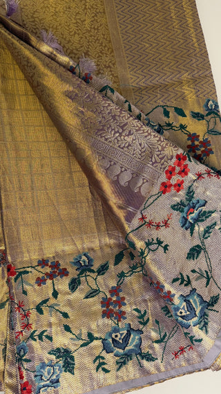 Pure Indian wedding kanjivaram light purple pastel Gold silk tissue brocade  silk pure embroidered silk handwoven