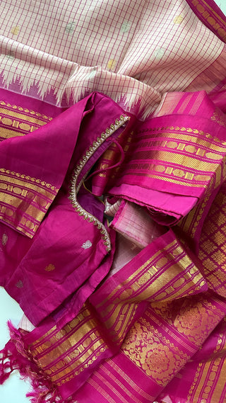 Pink checks Gadwal handwoven silk saree with stitched blouse