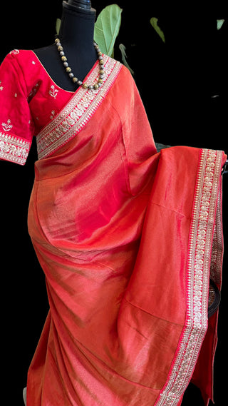 Red Tissue organza silk saree with blouse online shopping usa