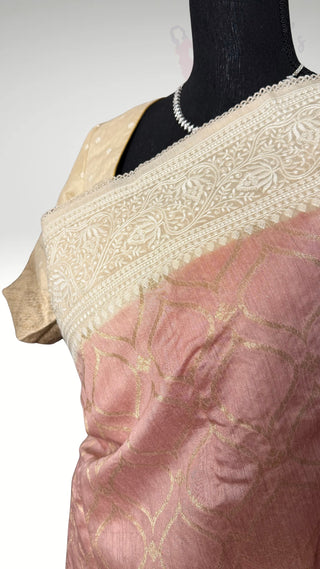 Handwoven mauve pastel Tussar Embroidery borders and pallu Partywear elegant beauty  one of kind Onam  tussar silk saree  online and prestitched blouse