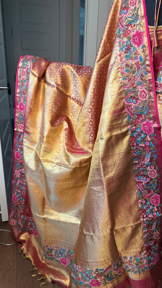 Kalyana pattu wedding Handloom  Kanjivaram Gold Tissue  Brocade embroidery sareePure silk pattumuhurtam saree  Kanjivaram silk saree with prestitched blouse.