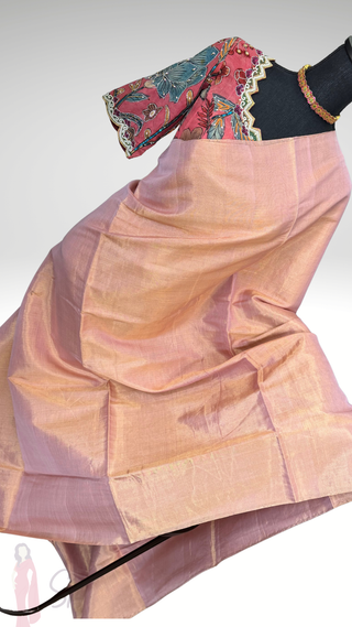 Tissue Gold Chanderi pastel tissue silk saree with pen kalamkari hand embroidered silk blouse