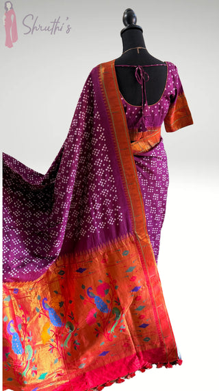 PureHandloom Paithani triple muniya handdone Bandhej Patola pure Silk Saree antique zari finish pure silk saree silk finish with stitched blouse Partywear pooja wear ready to ship Saree USA