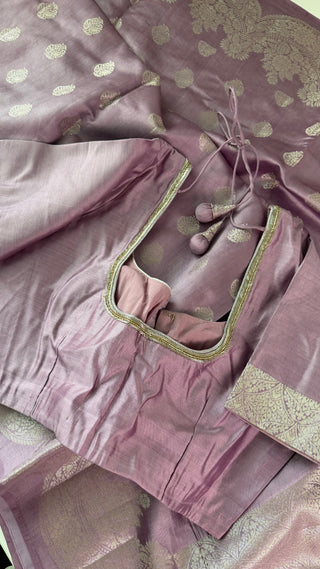 Pure  Lavender Chinya  silk sarees with stitched blouse Partywear silk saree with zari borders