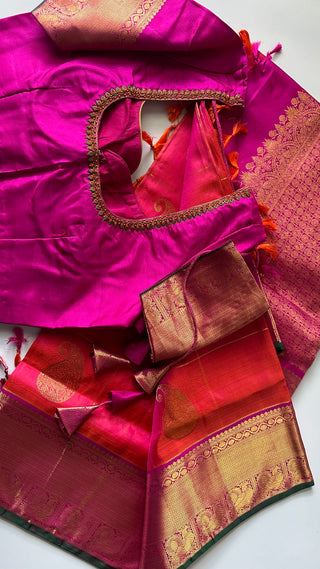 Orange pure kanchi BRIDAL checks  kanchi pattu saree online usa