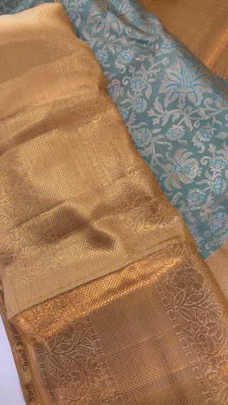Bridal Gold Tissue  border Kanjivaram kalyana pattu ven pattu pure zari Pellicheera beige silk saree bridal with stitched hand embroidered blouse design USA gold saree