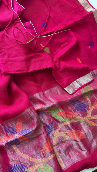 Handloom pure linen saree with Jamdhani  blouse pallu ready to wear blouse ships from Dallas partywear easy drape summer weaves