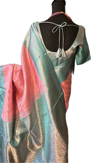 Pink Meenkari pure silk saree silver zari online usa with stitched blouse