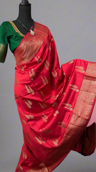 Red Chinya silk with Gold zari with stitched blouses