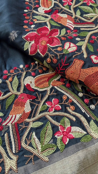 Black soft silk petite point Embroidery work saree kanjivaram with stitched blouse saree border