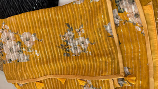 Mustard  Sequin georgette saree digital print with prestitched blouses