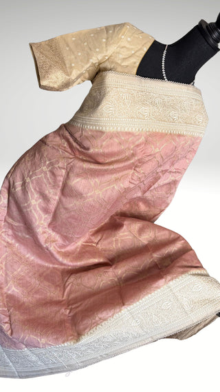 Handwoven mauve pastel Tussar Embroidery borders and pallu Partywear elegant beauty  one of kind Onam  tussar silk saree  online and prestitched blouse