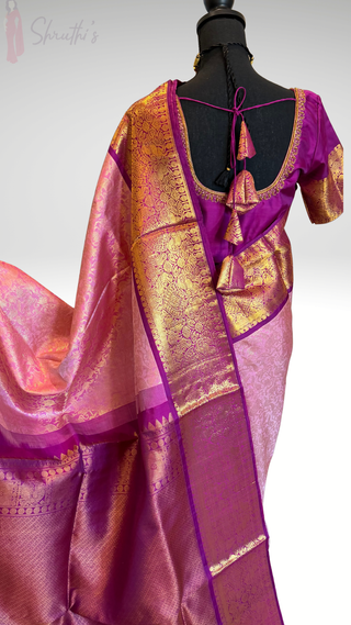 Pure Handloom Authentic Kanjivaram Pastel Pink Vanasingaram brocade silk saree gold zari online stitched blouse embroidered blouse  one of a kind elegant easy drape  silk saree online shopping ships from USA