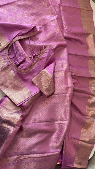 Brocade kanjivaram pastel lavender gold zari with stitched blouse traditional kanchi pattusaree saree Indian wedding