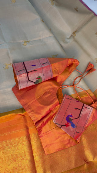 Bridal cream ven pattu saree orange pure zari kanjivaram silk saree with stitched blouse