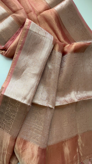 Pure Tissue Pastel Peach beneras organza saree stitched blouse saree readymade online USA