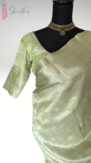 Brocade pastel green handloom  printed weave silver zari pure silk one of a kind easy drape saree