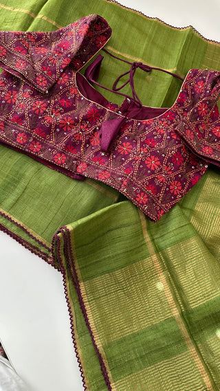 Parrot Green pure tussar silk with kantha work silk blouses Partywear Indian saree usa