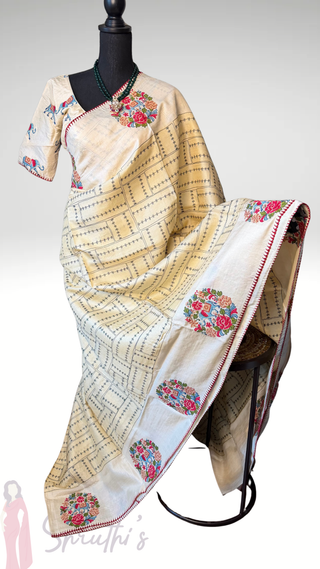 Handwoven white Tussar Embroidery borders and pallu Partywear elegant beauty  one of kind Onam  tussar silk saree  online and prestitched blouse