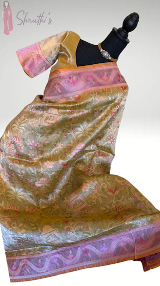 Pure Jamdhani gold tissue silk  Handloom silk saree silk saree bandhej pallu Partywear Diwali online shopping with prestitched blouse