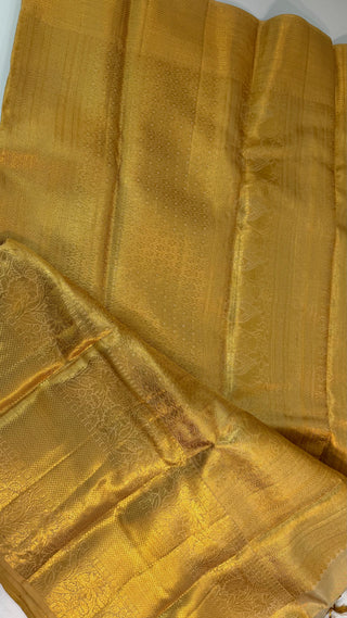 Bridal Gold Tissue  border Kanjivaram kalyana pattu ven pattu pure zari Pellicheera beige silk saree bridal with stitched hand embroidered blouse design USA gold saree