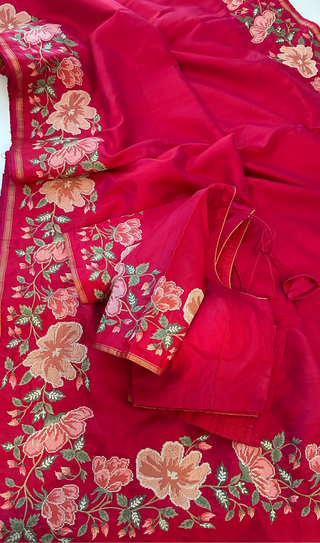 Partywear Easy drape Pink soft silk pure embroidered silk handwoven blouse border