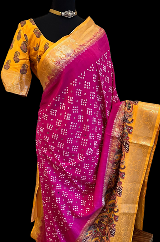 Pink mustard  pure bandhani silk saree online shopping with blouse and pallu prestitched blouse online usa