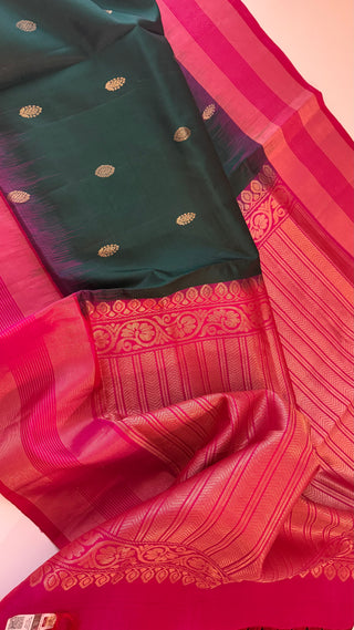 Pure Soft Silk Saree Bottle green with pink  silk saree with embroidered  Stitched Blouse Indian handloom wedding pattu Saree Online USA Ready to Ship Saree Online USA Easy Drape
