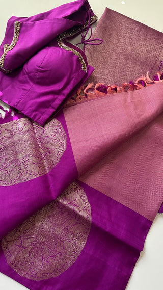 Deep Magenta  Tissue checks  Traditional Pure Silk Kanjivaram Pattu – Old World Charm with Stitched Embroidered Blouse | Ready to Wear Pure Silk Saree for Women – Indian Bridal Online USA