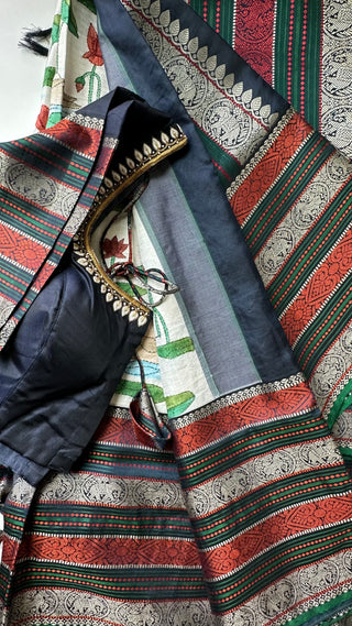 Hand painted Pure kanjivaram silk saree with brocade silk blouses