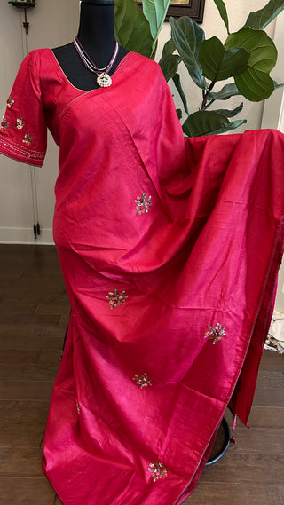 Pink knot embroidered  tussar saree online usa with stitched blouse
