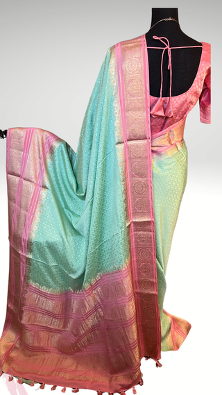 Handloom Pastel’s Georgette checks  Beneras silk saree with stitched blouse  online shopping Partywear