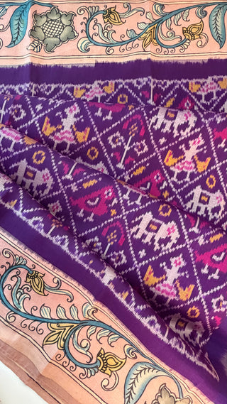 Pure pen purple kalamkari pure Handloom ikat silk pattu saree pen kalamkari saree with blouse online usa Hand painted