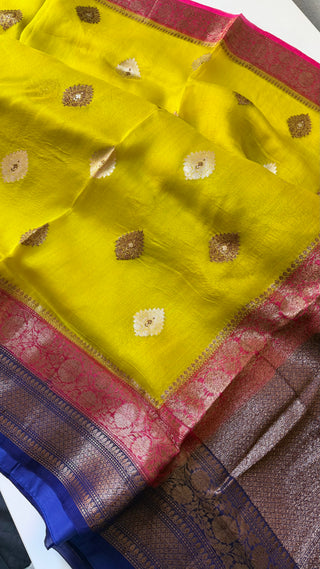 Pure Handloomlight olive green beneras organza saree stitched blouse saree online